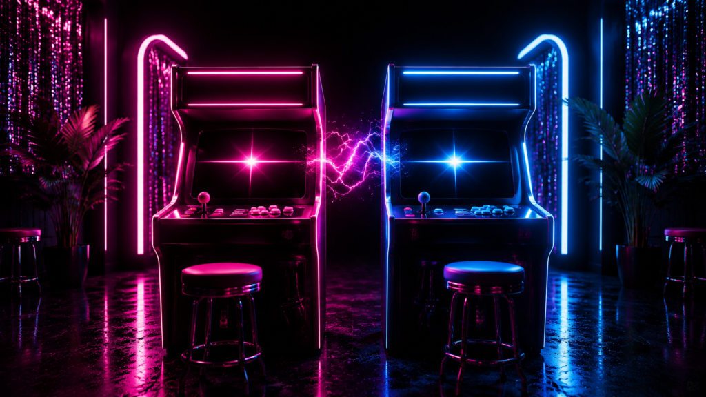 Pink and blue arcade cabinets for TallDollz Player Two